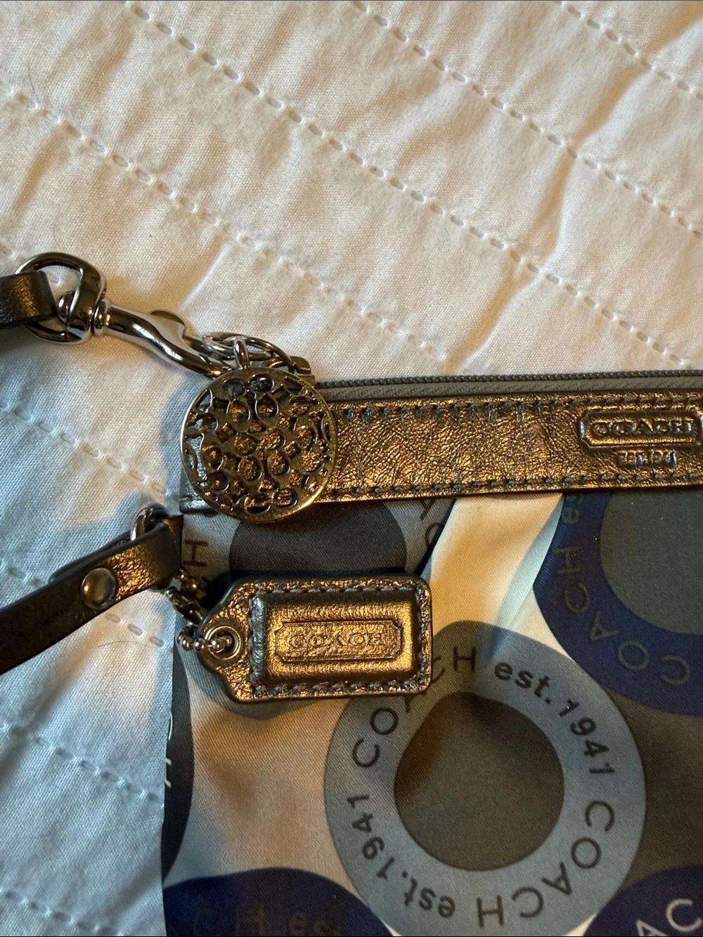 Coach Blue & Silver Legacy ring print wristlet